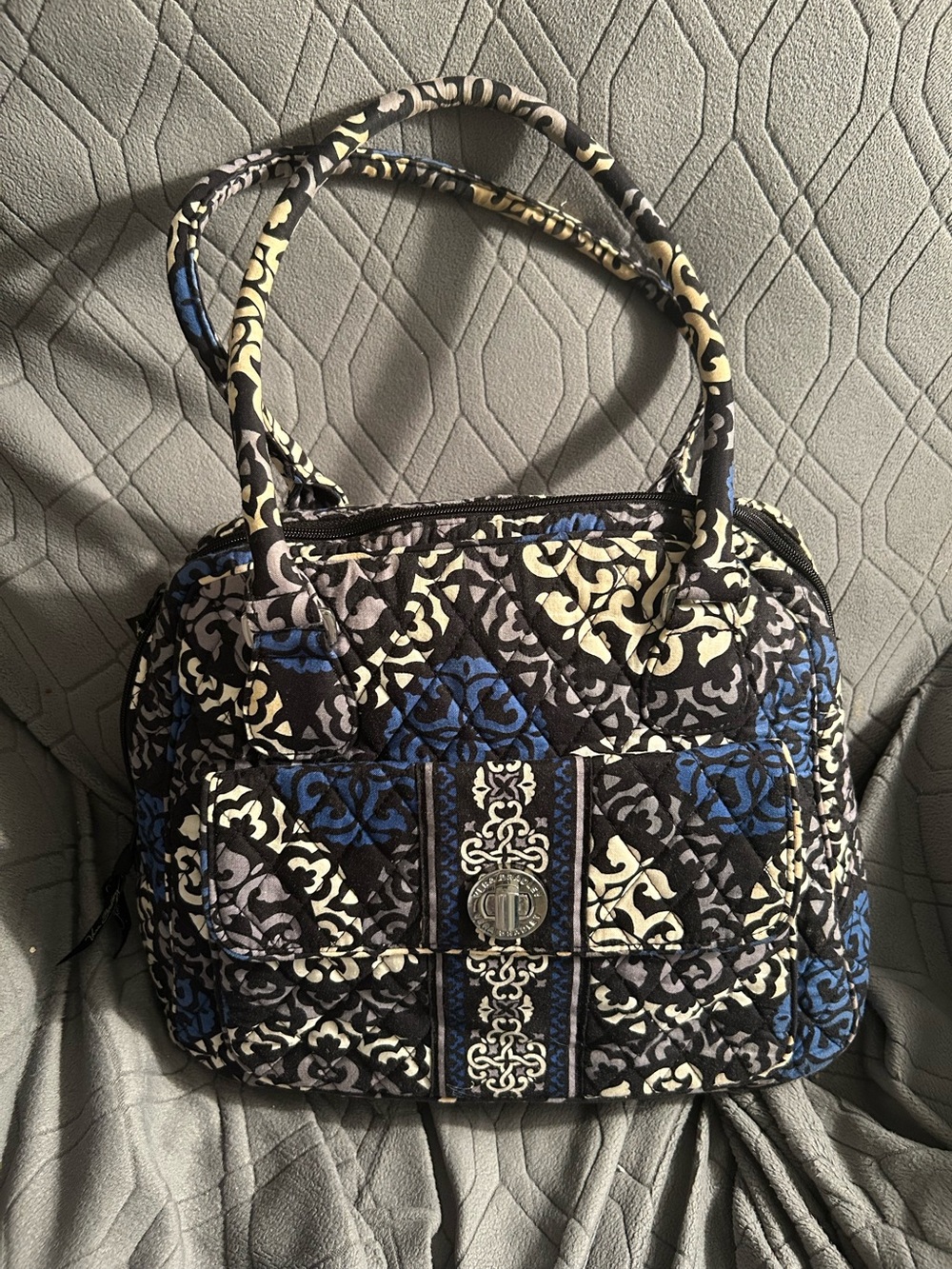 Private Label Quilted Tote in Blue, Black & Cream Pattern